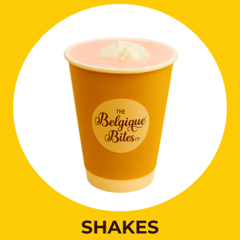 Strawberry shake topped with ice cream in a yellow branded cup from The Belgique Bites Co.