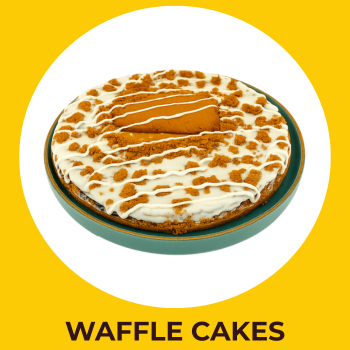 lotus biscoff Waffle cake topped with white cream drizzle and biscuit crumbs from The Belgique Bites Co.