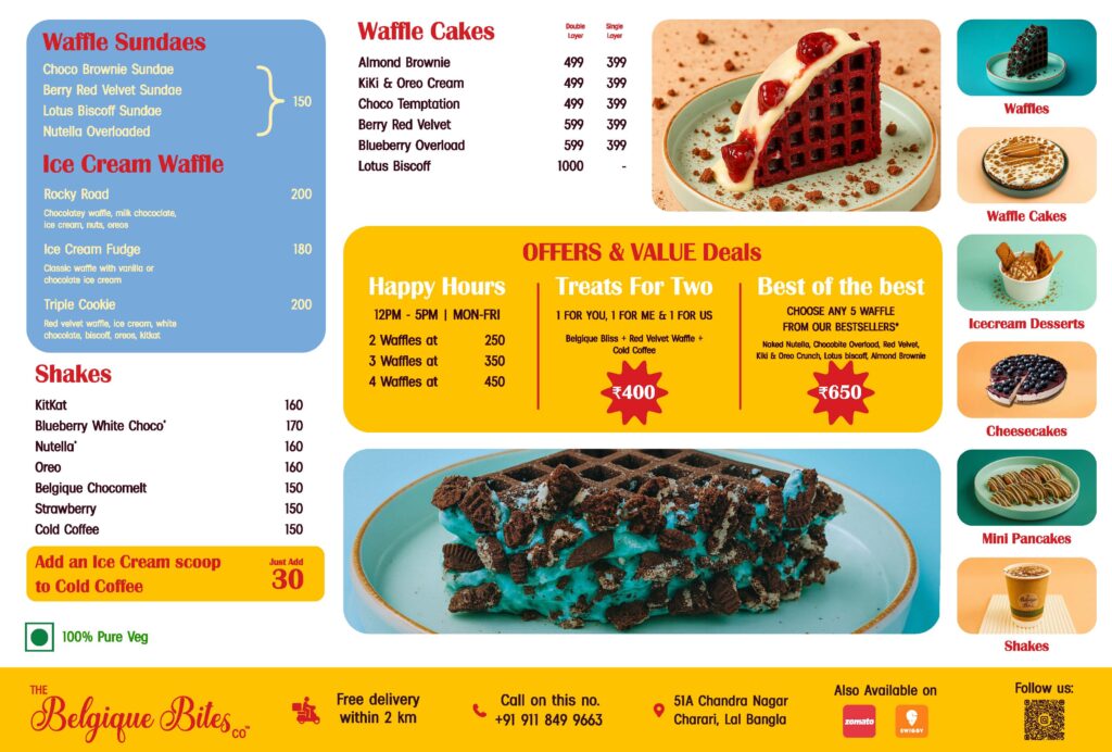 Menu of The Belgique Bites Co. featuring waffle sundaes, ice cream waffles, shakes, waffle cakes, value deals, and promotional offers with product images.